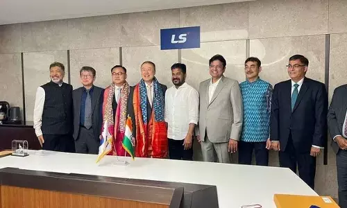 Chief Minister Revanth Reddy along with other delegates from Telangana during their meeting with LS Corp officials in South Korea on Monday