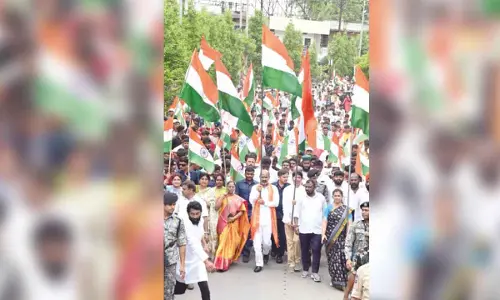 Union Minister Bandi Sanjay took part in ‘Har Ghar Tiranga’ yatra in Karimnagar on Monday.