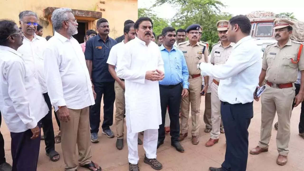 Minister Nadendla Manohar inspecting the establishment of two more check-posts at Kakinada Anchorage Port on Tuesday