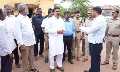 Minister Nadendla Manohar inspecting the establishment of two more check-posts at Kakinada Anchorage Port on Tuesday