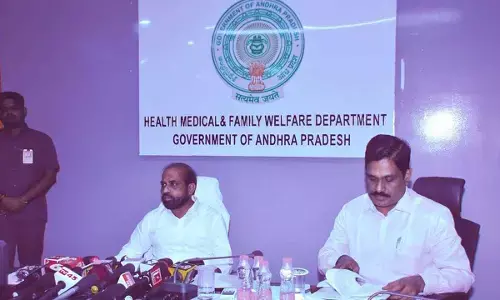 Minister for Medical and Health Y Satya Kumar Yadav addressing a meeting in Mangalagiri on Tuesday. Special chief secretary to the government MT Krishna Babu is also seen