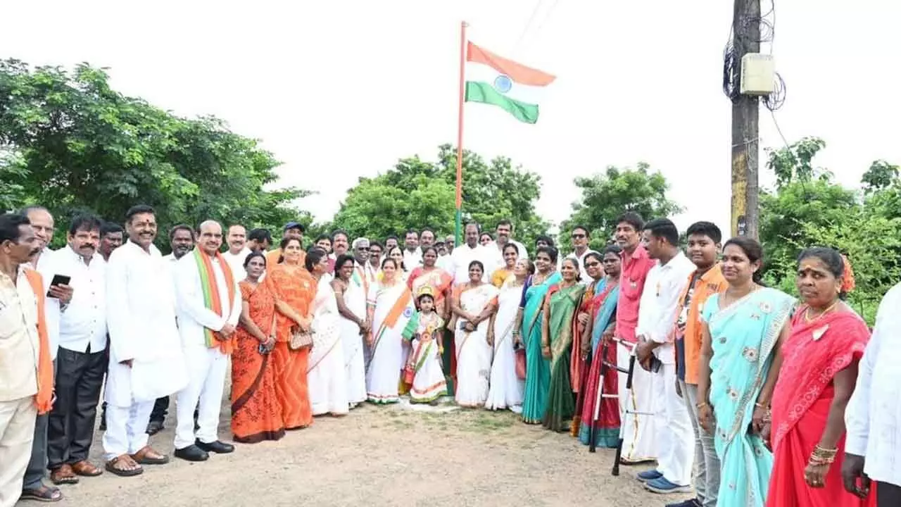 BJP National Executive Member Somu Veerraju and others participating in flag hoisting ceremony held at the BIP office ob Thursday