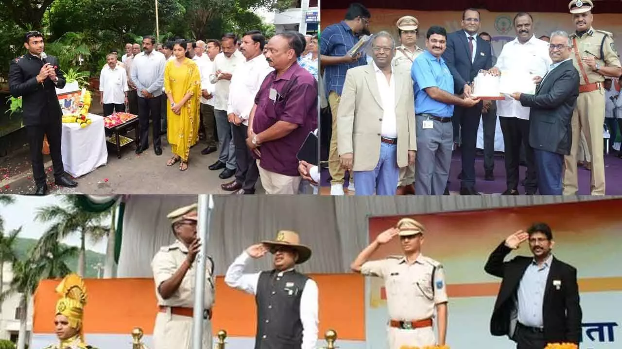 Visakhapatnam Metropolitan Region Development Authority Commissioner  KS Viswanathan speaking at the programme held in Visakhapatnam on Thursday; General manager of Divis Laboratories Y S Koteswara Rao receiving the certificate from the Minister in Visakhapatnam on Thursday; Executive Director of Hindustan Petroleum Corporation Limited R Rama Krishnan hoisting the national flag in the HPCL premises in Visakhapatnam on Thursday