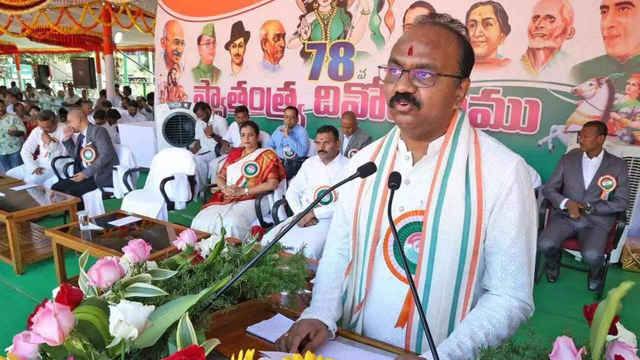 TTD EO J Syamala Rao speaking at Independence Day celebrations held at TTD parade grounds in Tirupati on Thursday