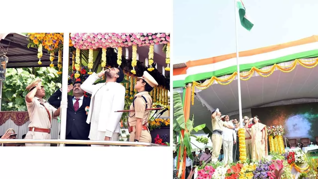 Minister TG Bharath salutes the national flag at Kurnool police parade grounds; Minister BC Janardhan Reddy salutes the national flag at PSC and KVSC Government Degree College grounds in Nandyal on Thursday