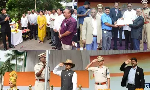 Visakhapatnam Metropolitan Region Development Authority Commissioner  KS Viswanathan speaking at the programme held in Visakhapatnam on Thursday; General manager of Divis Laboratories Y S Koteswara Rao receiving the certificate from the Minister in Visakhapatnam on Thursday; Executive Director of Hindustan Petroleum Corporation Limited R Rama Krishnan hoisting the national flag in the HPCL premises in Visakhapatnam on Thursday