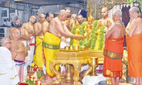Priests perform Snapana Tirumanjanam to Utsava deities at the start of Pavitrotsavams at Tirumala on Thursday