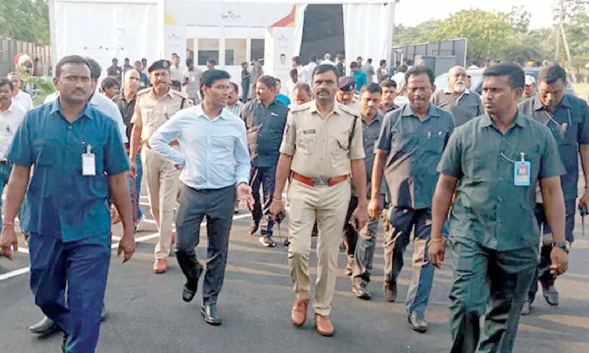 Tirupati District Collector Dr S Venkateswar and SP L Subbarayudu monitoring the arrangements at Sri City on Sunday on the eve of the CM’s visit on Monday