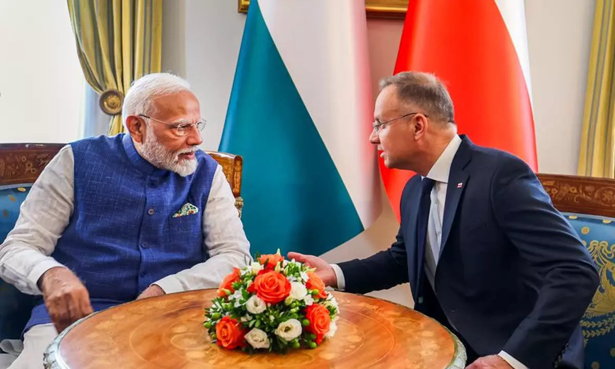 Prime Minister Narendra Modi with the President of Poland Andrzej Duda during a meeting, in Warsaw on Thursday