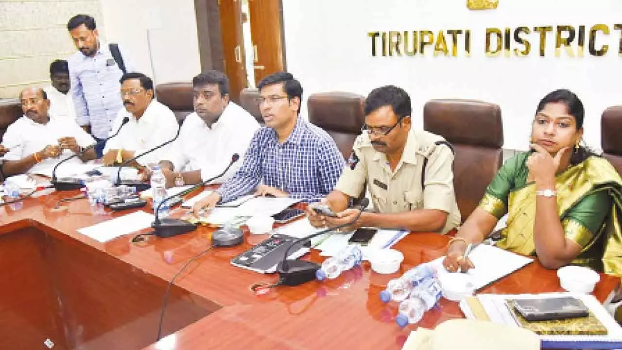 District Collector Dr S Venkateswar, SP L Subba Rayudu, MLAs Adimulam and Vijayasree and MLC Kalyana Chakravarthi at the DVMC meeting in Tirupati on Thursday