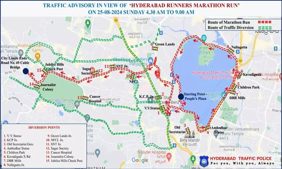 Traffic advisory issued on August 25 in Hyderabad amid Marathon Run