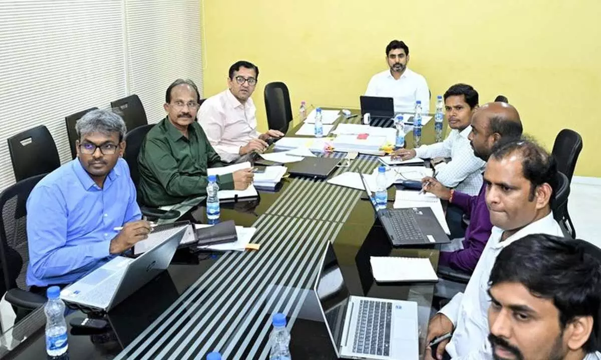 HRD, IT and electronics minister Nara Lokesh holds a review on skill census with officials at his residence in Undavalli on Friday