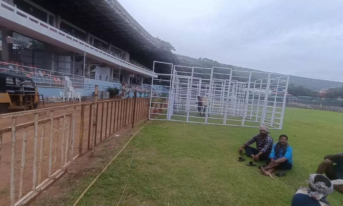 Arrangements being made for the recruitment rally at Port Trust Diamond Jubilee Stadium in Visakhapatnam on Friday