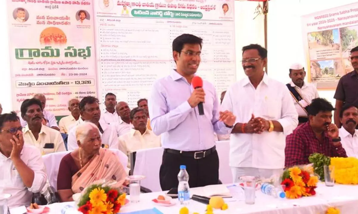 District Collector Dr S Venkateswar taking part in a Gram Sabha in Narayanavanam mandal on Friday. Satyavedu MLA Koneti Adimulam is also seen.