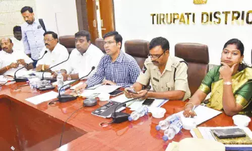 District Collector Dr S Venkateswar, SP L Subba Rayudu, MLAs Adimulam and Vijayasree and MLC Kalyana Chakravarthi at the DVMC meeting in Tirupati on Thursday