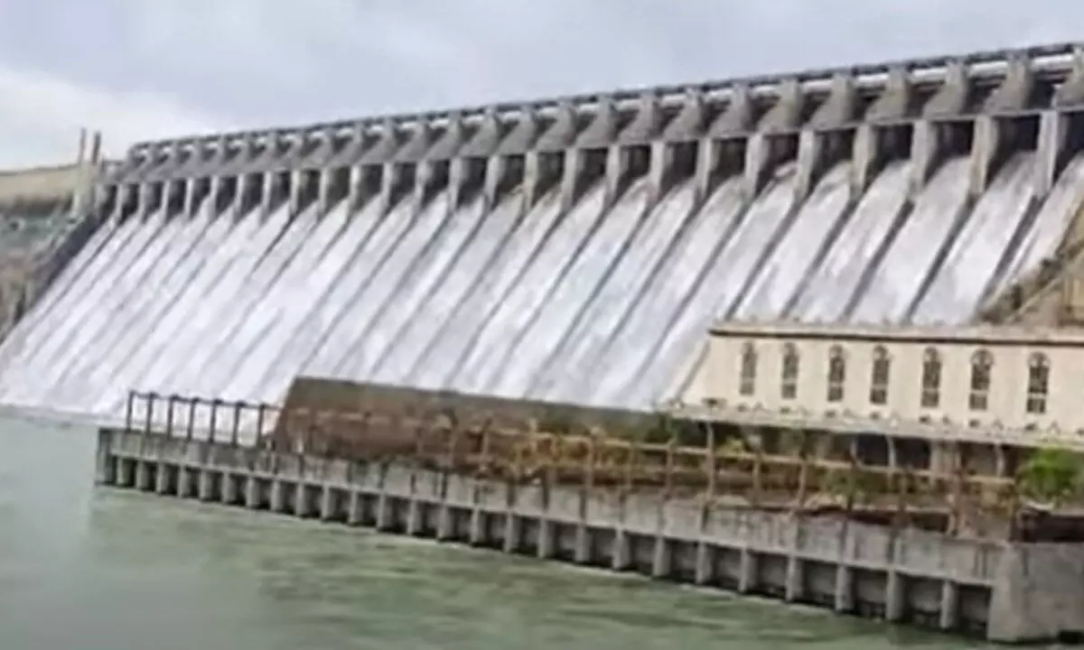 Nagarjuna Sagar Reservoir Overflows, two crest gates lifted