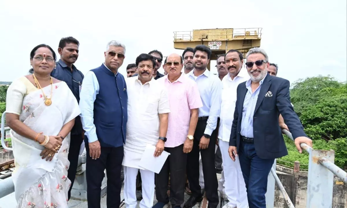 Oberoi Group representatives, along with Minister Kandula Durgesh, MLAs Gorantla Butchaiah Chowdary, Bandaru Satyananda Rao and Konaseema district collector R Mahesh Kumar during a field survey in Picchukalanka