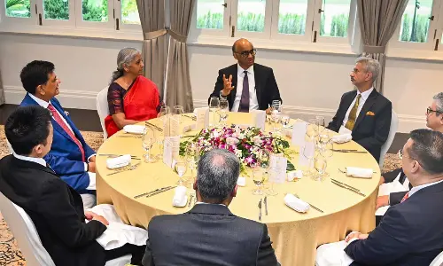 Union Ministers S. Jaishankar, Nirmala Sitharaman, Piyush Goyal and Ashwini Vaishnaw during a meeting with the President of Singapore Tharman Shanmugaratnam in Singapore