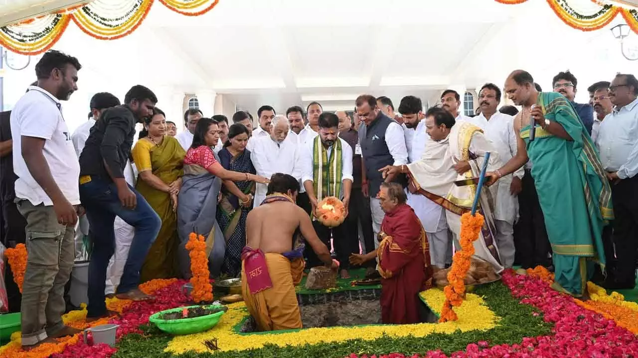 CM Revanth Reddy participating in Bhoomi Puja for Telangana Talli Statue at the Secretariat on Wednesday