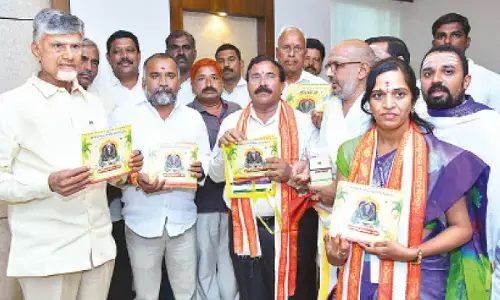 Chief Minister N Chandrababu Naidu launching Kanipakam Brahmotsavam booklets in Velagapudi secretariat on Thursday. Puthalapattu MLA K Murali Mohan, temple EO K Vani and others are also seen.