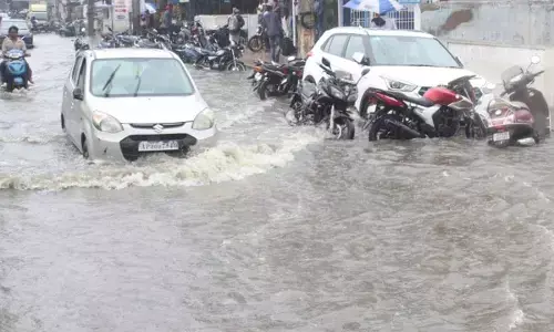 Roads under sheets of water due to heavy rain in Srikakulam on Thursday