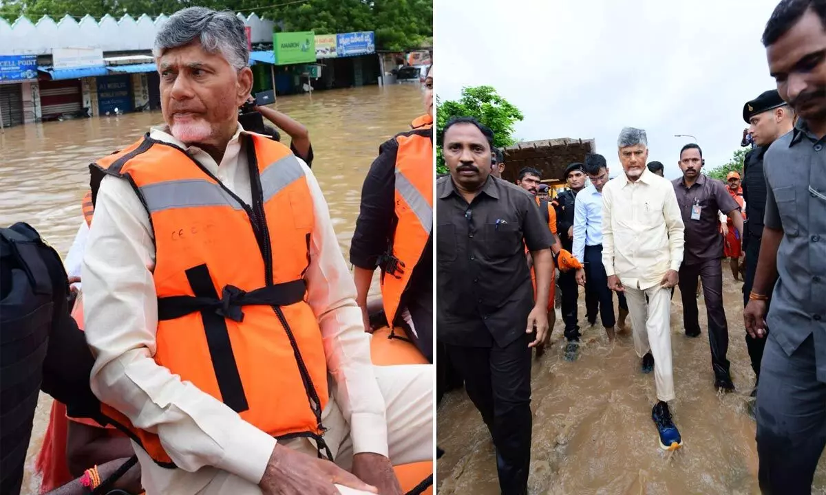 Chandrababu visits flood-affected areas in Vijayawada through boat, assures support to victims