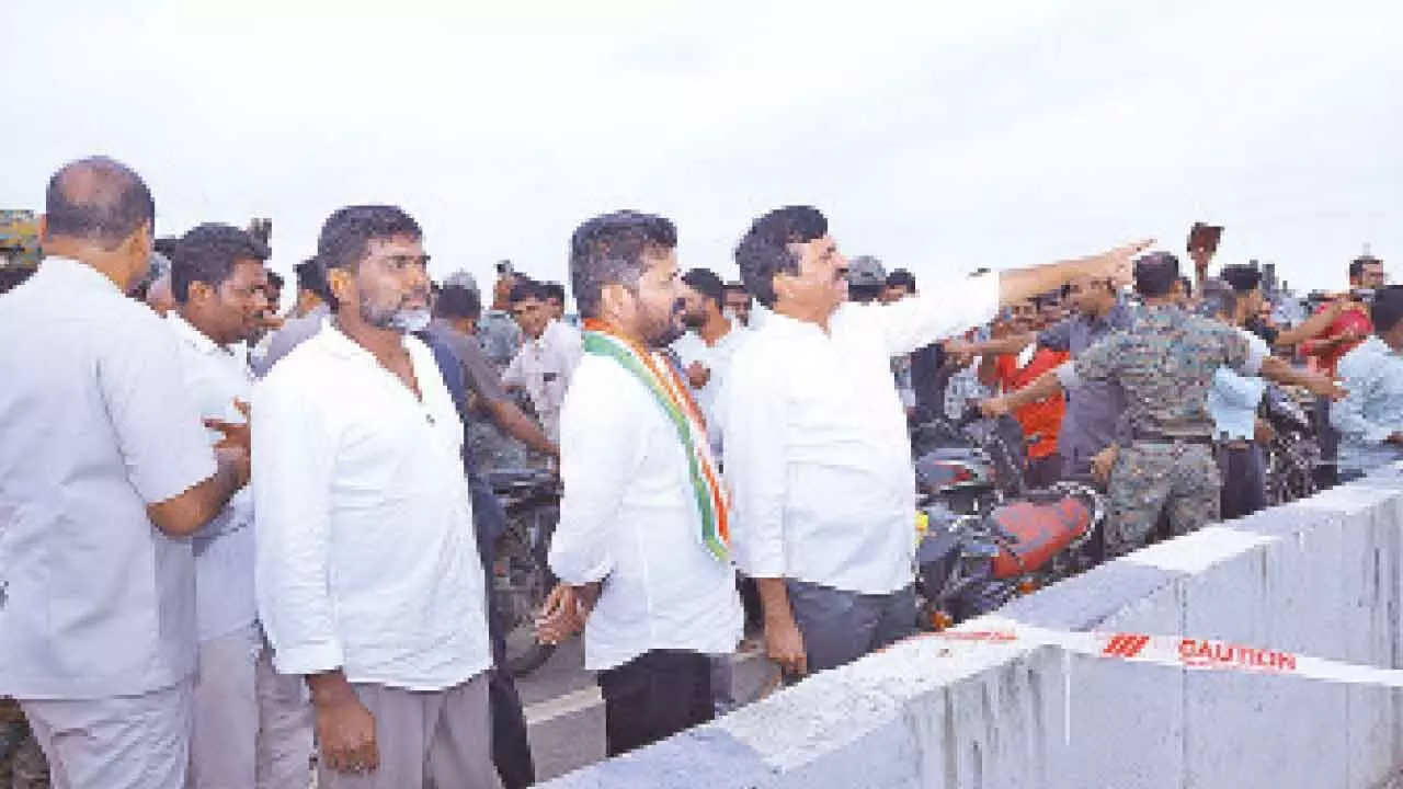 CM Revanth Reddy inspected the breach point of the NSP Canal at Palair in Khammam and damaged roads during his visit on Monday