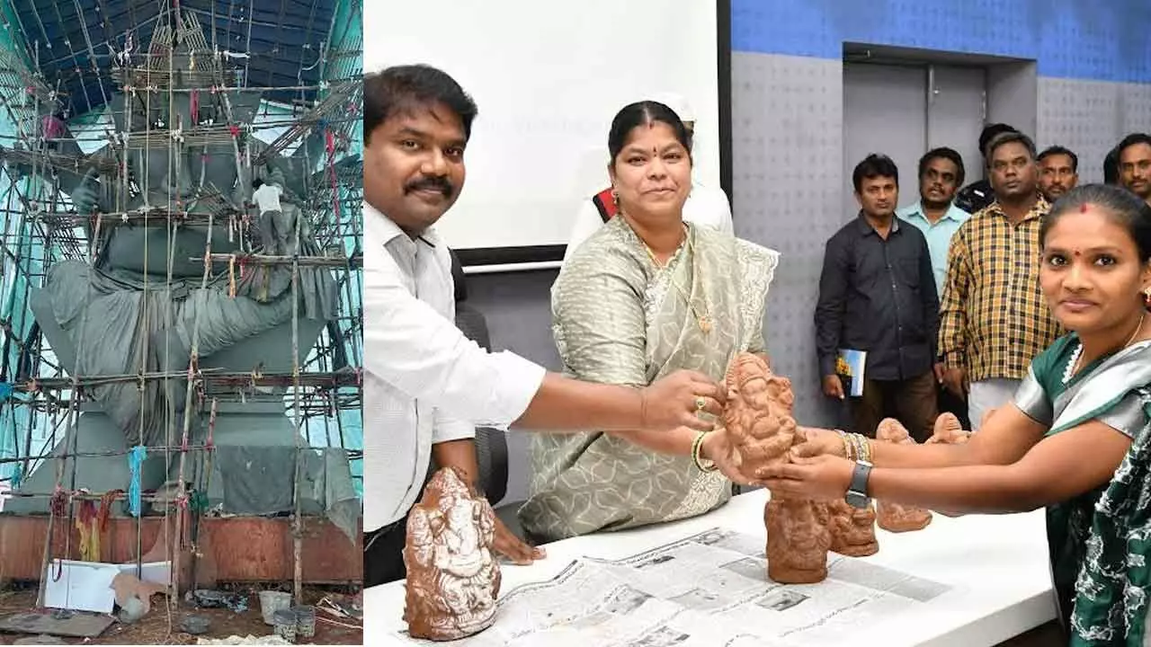 Mayor G Hari Venkata Kumari and GVMC Commissioner P Sampath Kumar giving away clay idols for the festival in Visakhapatnam on Tuesday