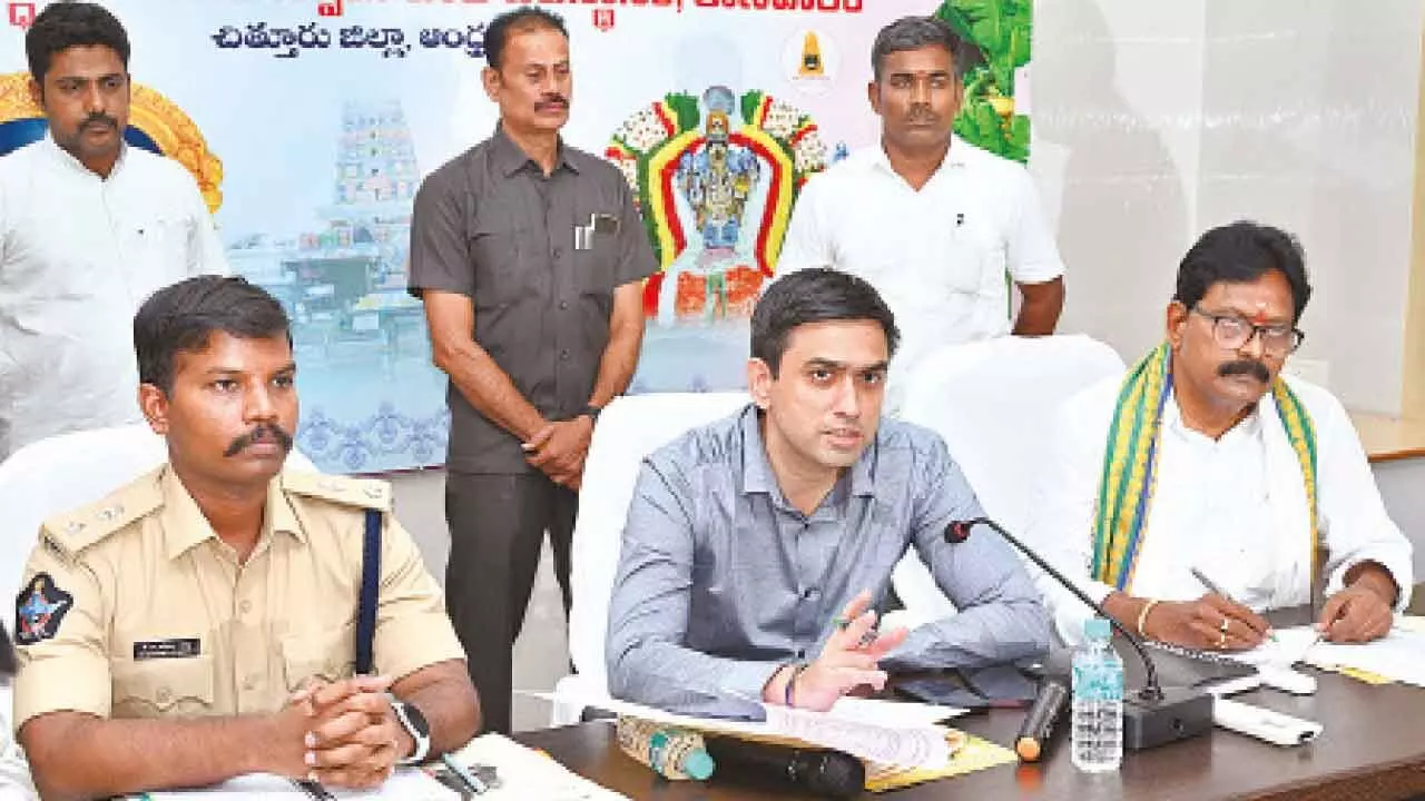 Chittoor district Collector Sumit Kumar reviewing Kanipakam Brahmotsavams arrangements on Thursday. SP Manikanta Chandolu and temple EO Guru Prasad are also seen.