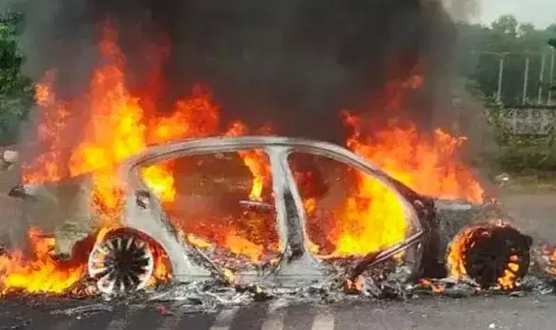 Luxury Car Catches Fire on Mangaluru Highway