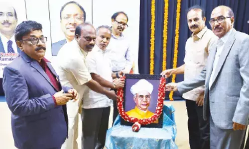 SV University Vice-Chancellor Prof Ch Appa Rao, Registrar  Prof M Bhupathi Naidu and others garlanding Dr Sarvepalli Radhakrishnan’s portrait on Thursday