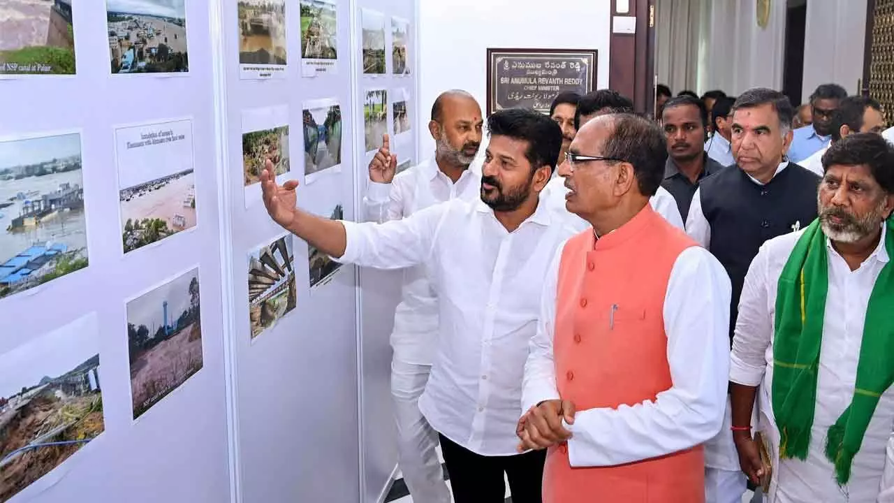 Union Agricultural Minister Shivraj Singh Chouhan and Telangana Chief Minister A Revanth Reddy discuss the damages caused due to floods, in Hyderabad on Friday