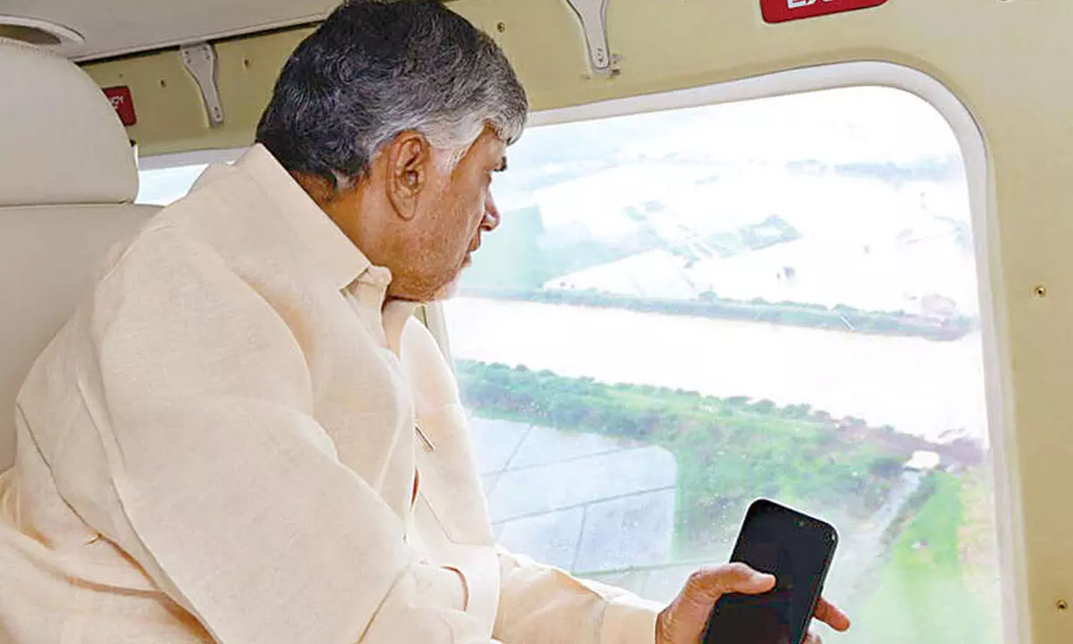 Chief Minister N Chandrababu Naidu conducts aerial survey on the course of Budameru till Kolleru lake on Friday