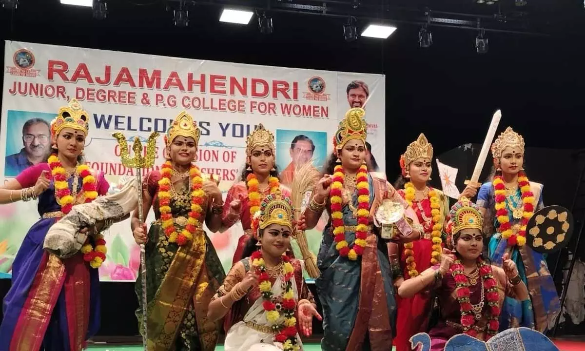 Students presenting cultural programmes on the occasion of the annual day at Rajamahendri Women’s College on Friday