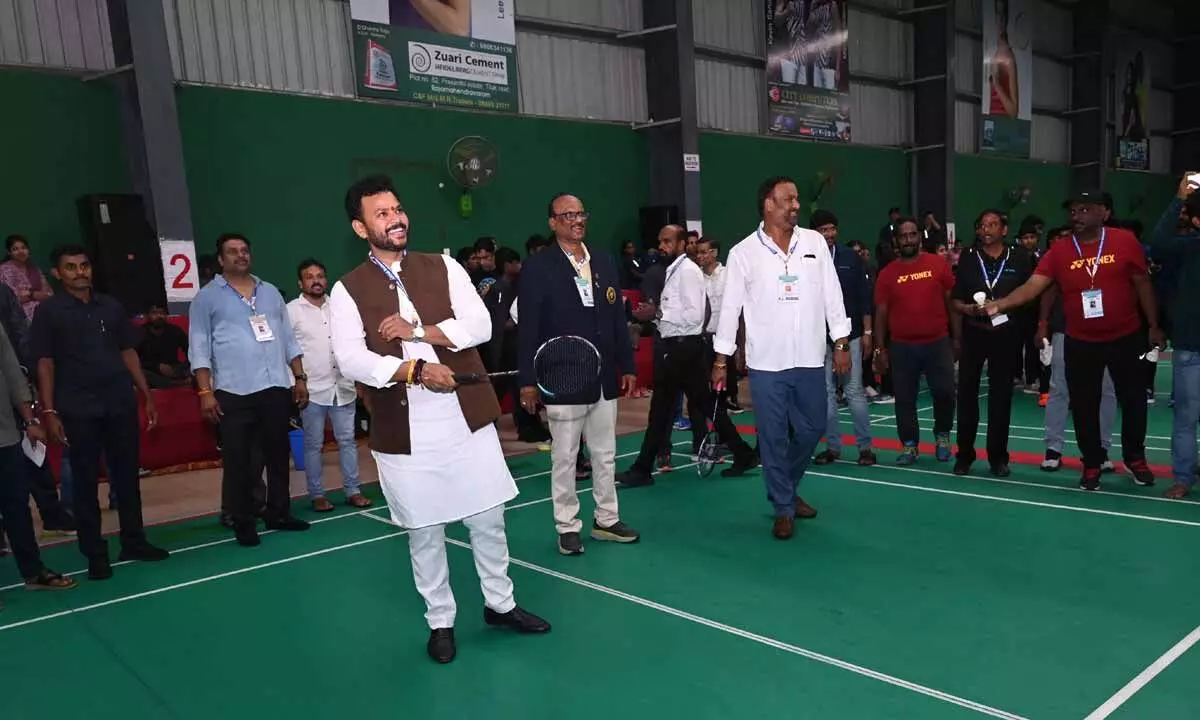 Union Civil Aviation Minister K Rammohan Naidu and Sports Minister M Ramprasad Reddy inaugurating the 78th South Zone Inter-State Badminton Championship in Rajamahendravaram on Sunday