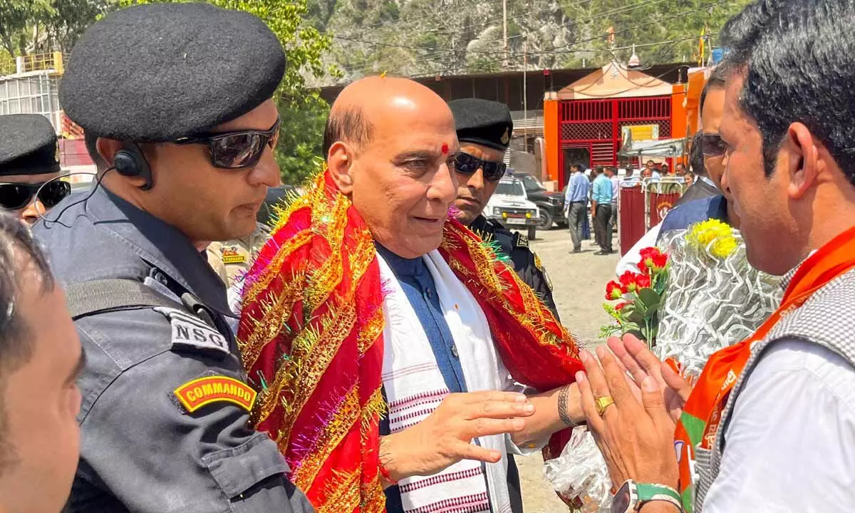 Union Defence Minister and BJP leader Rajnath Singh being welcomed on his arrival for a public rally for J&K Assembly elections, in Ramban on Sunday