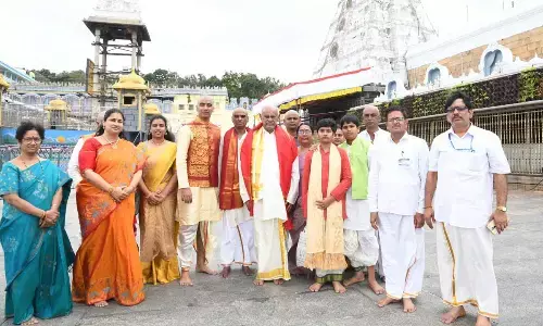 AP Lokayukta Judge Justice P Lakshmana Reddy and his family in Tirumala on Sunday