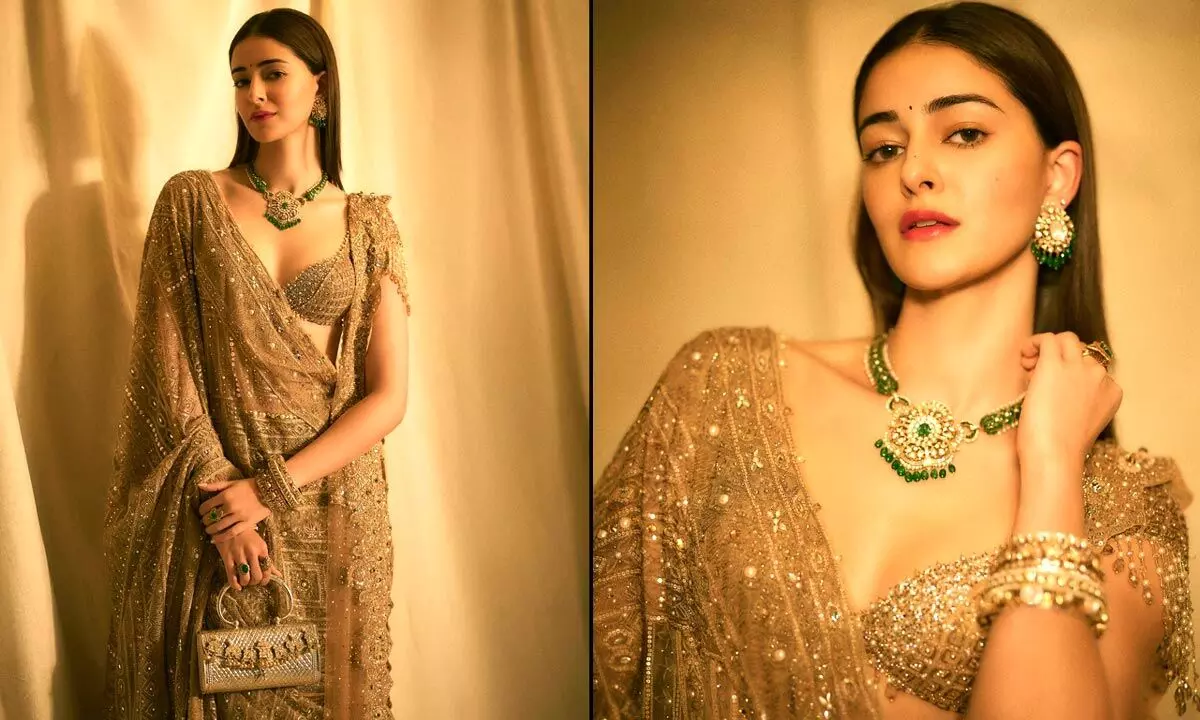 Ananya Panday shines in golden saree