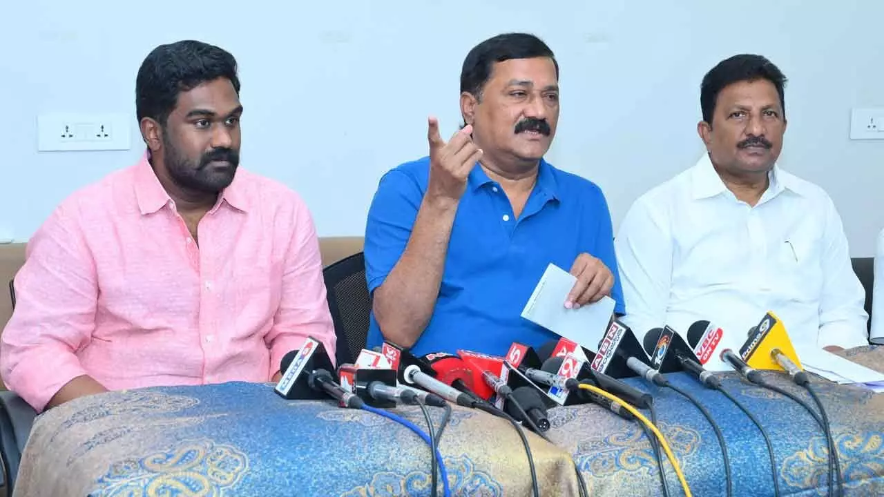 Bheemunipatnam MLA Ganta Srinivasa Rao speaking at media conference held in Visakhapatnam on Thursday