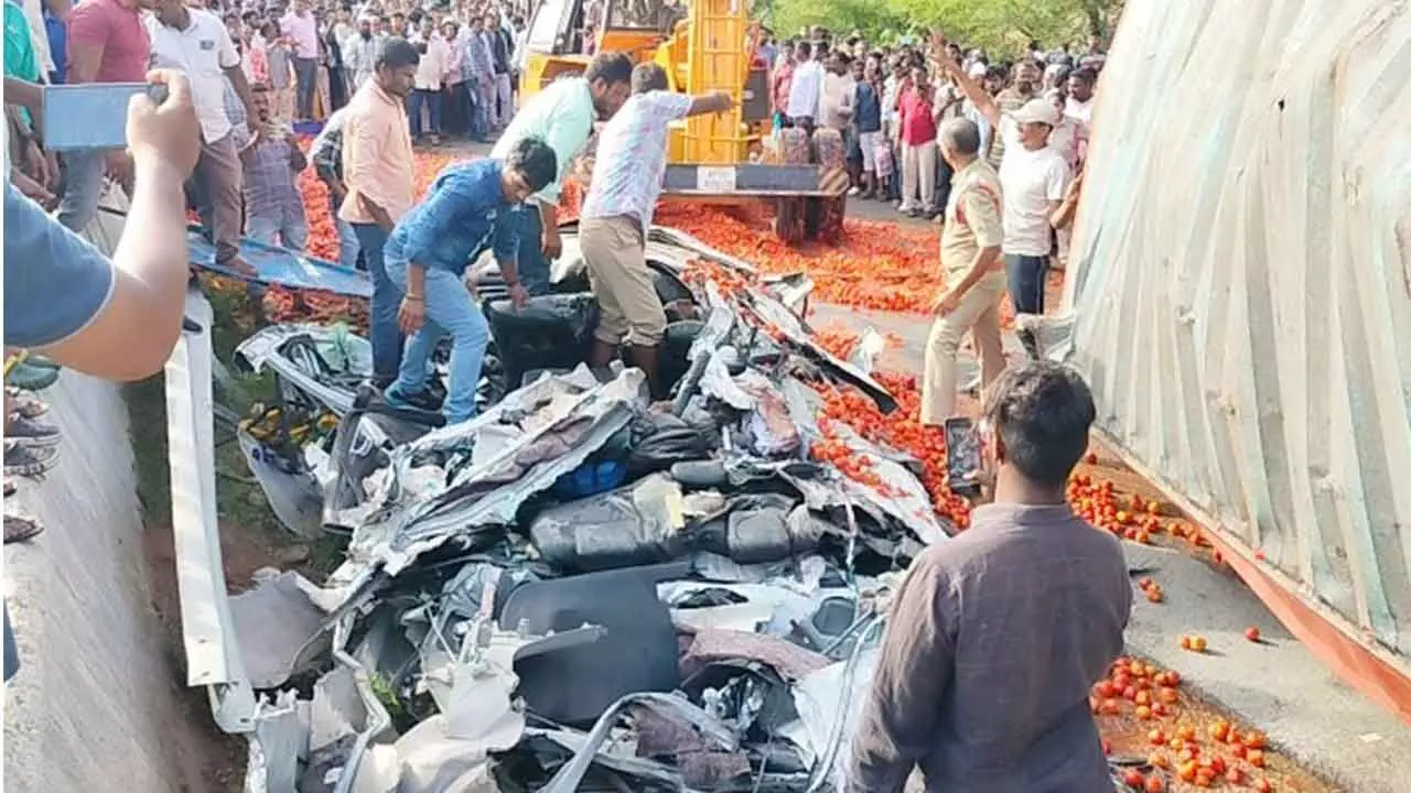 Three die as a loaded truck capsizes on a car