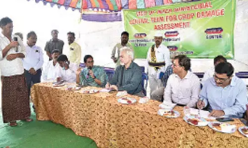 Collector S Nagalakshmi addressing the inter-ministerial Central team at Pedakakani on Thursday. Central team members Dr AL Waghmare, RB Kaul, Pradeep Kumar are also seen