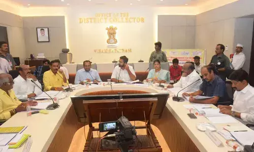 Visakhapatnam MP M Sribharat discussing with district officials and MLAs in Visakhapatnam on Thursday