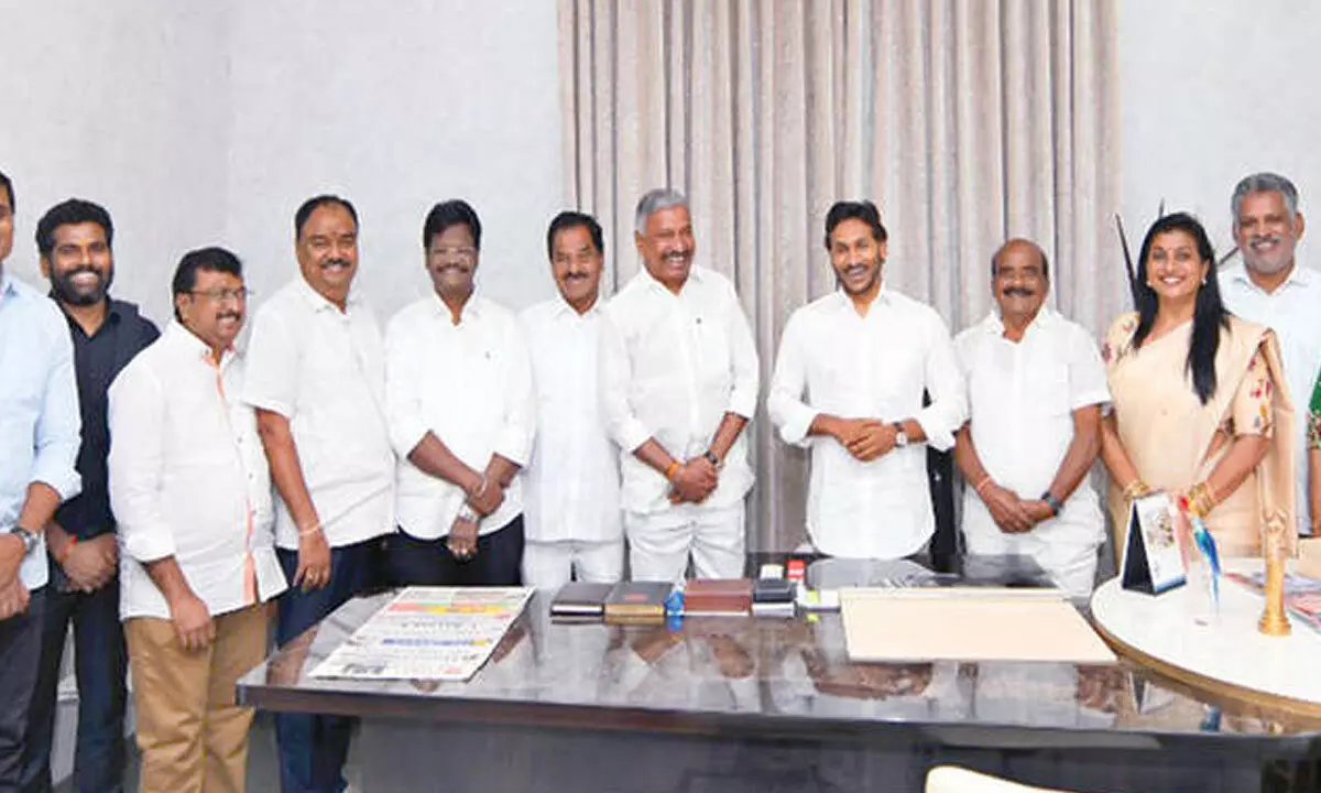 YSRCP president YS Jagan Mohan Reddy with the party leaders from Chittoor district at his residence in Tadepalli