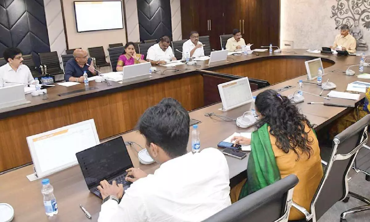 Chief Minister N Chandrababu Naidu holds a review with ministers and officials on flood enumeration losses at the Secretariat on Friday