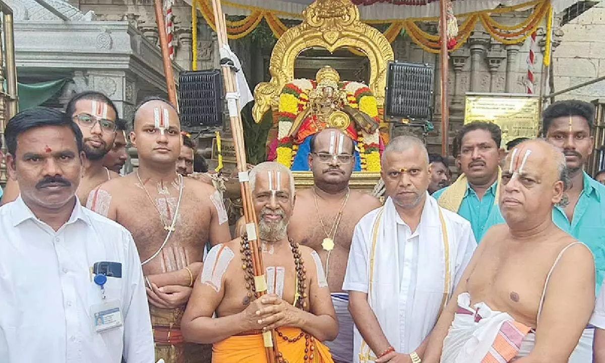 Priests and temple officials at Beejavapanam at Sri Govindaraja Swamy temple in Tirupati on Friday