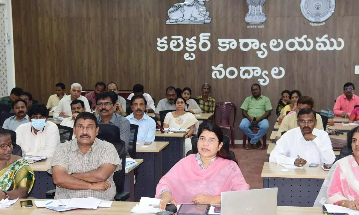 District Collector G Raja Kumari speaking at a teleconference on Swachhata Hi Seva programme in Nandyal on Friday