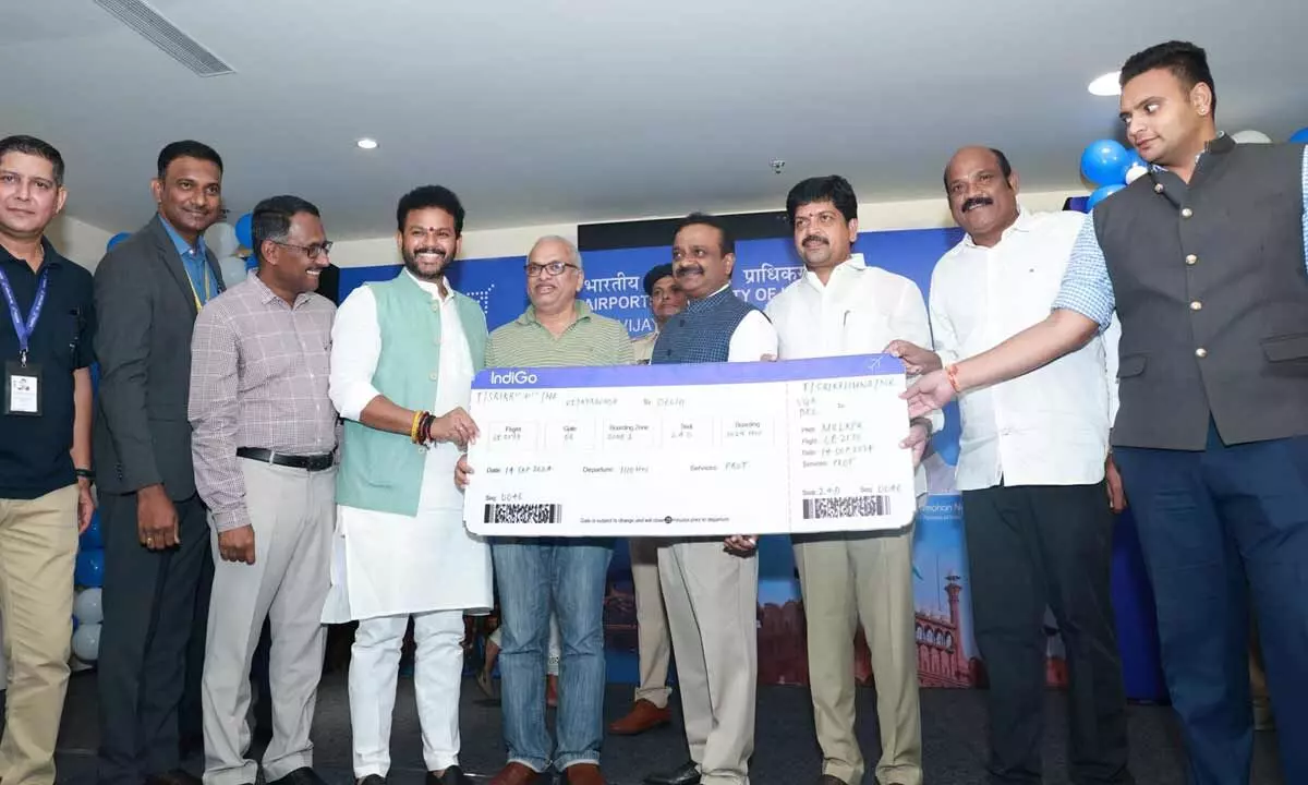 Civil aviation minister K Ram Mohan Naidu along with Machilipatnam MP V Balashowri, excise minister Kollu Ravindra and others launches Vijayawada-New Delhi IndiGo service on Saturday