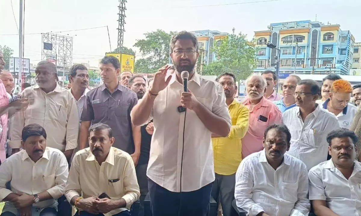 Visakhapatnam Member of Parliament M Sribharat addressing the employees of the VSP in Visakhapatnam on Saturday