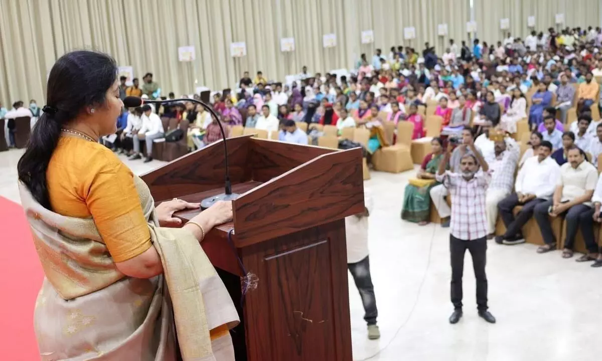 MLA Vemireddy Prashanthi Reddy speaking at a job mela held at VPR Foundation in Nellore on Saturday