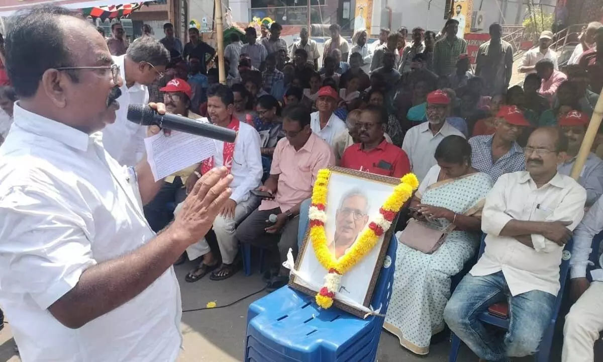 Anakapalli district committee secretary K Lokanadham addressing the gathering in Visakhapatnam on Sunday